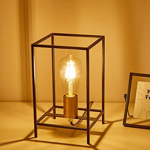 MonDauife Industrial Edison Bulb Metal Cage Table Lamp,Lantern Bedside Desk Lamp Geometric Square Nightstand Light for Living Room Bedroom Patio Office
