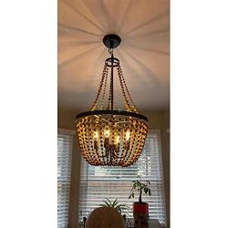 Lampundit Farmhouse Wood Beaded Chandelier 4 Lights, Handmade Wood Light Fixture for Dining & Living Room, Foyer, Bedroom, Kitchen Island and Entryway, Bronze Finish & Natural Color