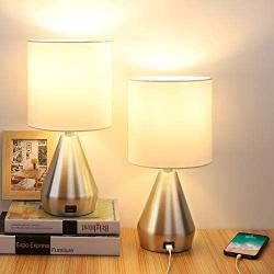 Touch Control Table Lamp, 3 Way Dimmable Bedside Desk Lamps with USB Charging Port, Retro Silver Metal Body Nightstand Lighting for Study Bedroom Living Room, 6W A19 LED Bulbs Included, Set of 2