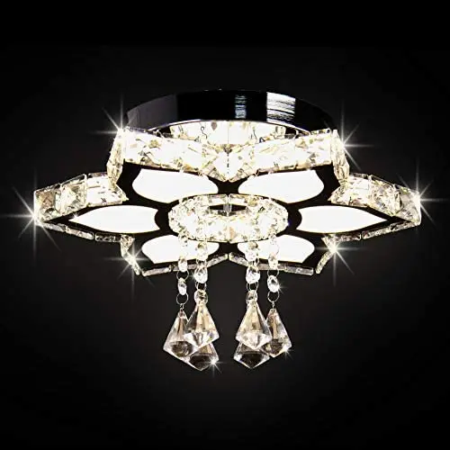 Qihang Modern Crystal LED Chandelier Flower Shaped Pendant Light Flush Mount Ceiling Lamp Fixture for Dining Room Bedroom Living Room Study Room(Variable Light/Non-dimmable)