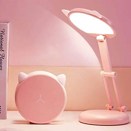 Kids Desk Lamp Girl,LED Pink Small Desk Lamp for Home Office,3 Lighting Mode Stepless Dimming Touch Control,Portable Folding Desk Lamp with USB Charging Port,Memory Function Ring Lights - Cute Cat