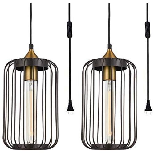 Industrial Pendant Light Sets of 2, Plug in Hanging Ceiling Light with On/Off Switch, Farmhouse Rustic Adjustable Hanging Lamp Fixture for Kitchen Island Dining Room Hallway Foyer Bedroom (Brown)