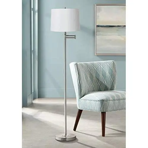 Modern Swing Arm Floor Lamp Brushed Nickel White Hardback Drum Shade for Living Room Reading Bedroom Office - 360 Lighting