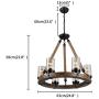 TFCFL Round Wooden Chandelier, 6-Light Farmhouse Candle Pendant Lighting with Seeded Glass Shade Hemp Rope Metal Ceiling Light Fixture for Dining Rooms Kitchen Island (Black)