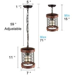 Giluta Farmhouse Pendant Lighting, Vintage Round Wood Frame Hanging Light Fixture for Dining Room Kitchen Island Foyer Entryway with Mesh Cage, UL Listed