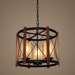 Eumyviv Wood Farmhouse Rustic Chandelier with Crack Finish Glass Shade, 3 Lights Vintage Industrial Hanging Light for Dinning Room, C0030