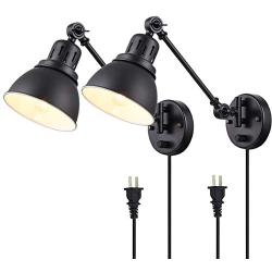 Plug in Wall Sconces Lamp, YEEQIAN Swing Arm Wall Lamp with On/Off Switch Metal Black Wall Mounted Reading Light Fixture for Indoor Bedroom Bedside - Set of 2