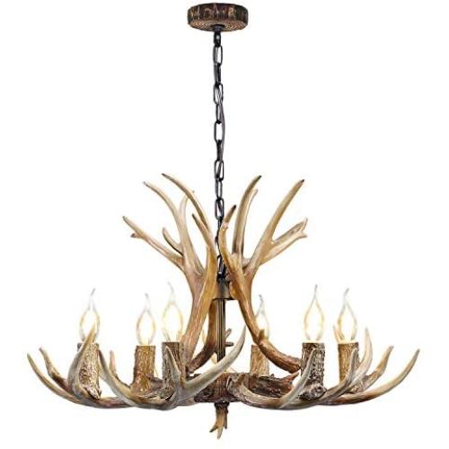 Antler Chandelier Lighting, 6 Lights Resin Deer Antler Chandelier Vintage Style for Living Room Dining Room Bedroom Bar Cafe American Retro Deer Horn Ceiling Lights