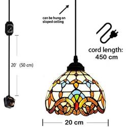 Vintage Tiffany Acrylic Pendant Ceiling Light with 4.5 Meter Plug in Cord and On/Off Dimmer Switch, Round Multicolored Swag Hanging Lamp for Kitchen Island Dining Room or Living Room