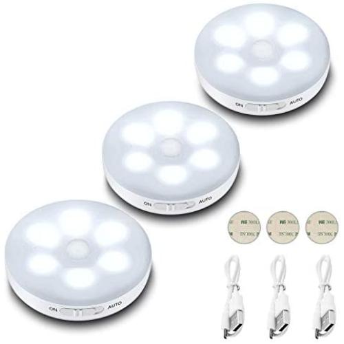 3-Pack Motion Sensor Light Indoor，Rechargeable Battery Powered Led Night Lights with USB Cable, Stick On Light with 3M Adhesive for Under Cupboard,Cabinet,Toilet,Stairs,Wardrobe,Kitchen(White)