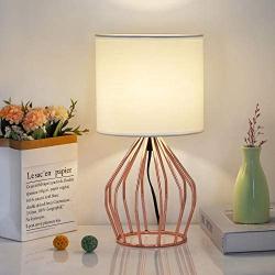 HAITRAL Rose Gold Desk Lamp - Minimalist Bedside Lamp with Rose Gold Hollowed Out Base and Linen Fabric Shade，Nightstand Lamps for Bedroom, Living Room, Girls Room, Pink Room - Rose Gold