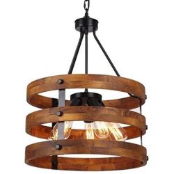 3 Light x 17.7'' Wide Metal Round Wood Shade Geometric Chandelier Industrial Farmhouse Lantern Hanging Foyer Pendant Lamp Retro Edison Bulb Open Frame Drum Shade Lantern Lamp