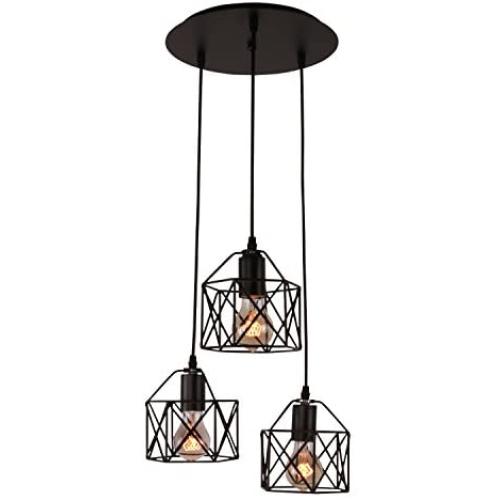 Unitary Brand Rustic Black Metal Cage Shade Dining Room Multi Pendant Light with 3 E26 Bulb Sockets 120W Painted Finish