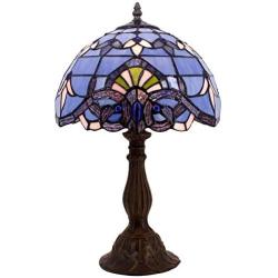 Tiffany Lamp W12H18 Inch Blue Purple Baroque Style Stained Glass Lavender Shade Antique Table Reading Desk Light Base S003C WERFACTORY LAMPS Lover Parent Living Room Bedroom Bar Bedside Art Craft Gift