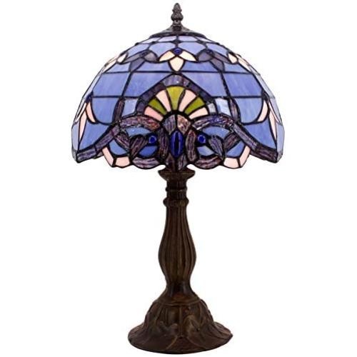 Tiffany Lamp W12H18 Inch Blue Purple Baroque Style Stained Glass Lavender Shade Antique Table Reading Desk Light Base S003C WERFACTORY LAMPS Lover Parent Living Room Bedroom Bar Bedside Art Craft Gift