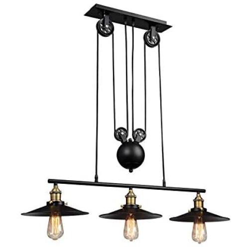 MorNon Three-Light Rustic Pulley Pendant Light Adjustable Height Industrial Ceiling Hanging Light Indoor Edison Island Lamp for Dining Living Room Kitchen Hallway Foyer Farmhouse, Three Light