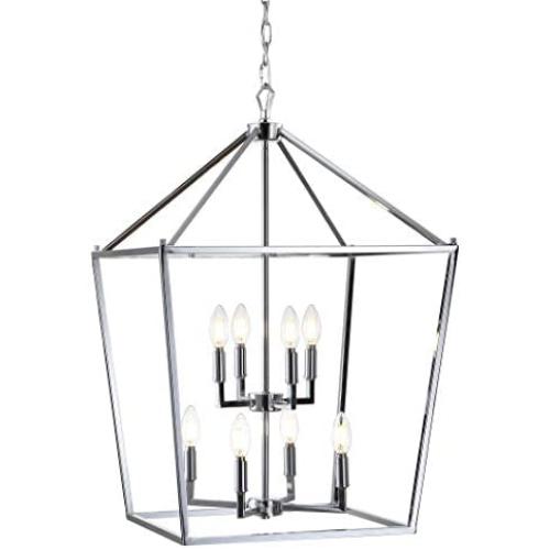 JONATHAN Y JYL7438C Pagoda Lantern Dimmable Adjustable Metal LED Pendant, Classic, Traditional for Dining, Living Room, Kitchen, 20'' 8-Bulb, Chrome