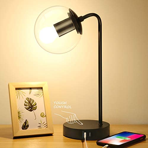 Industrial Touch Control Table Lamp with 2 USB Charging Ports, 3-Way Dimmable Vintage Bedside Nightstand Lamp, Glass Shade Desk Reading Lamp for Bedroom Living Room Office, LED Bulb Included