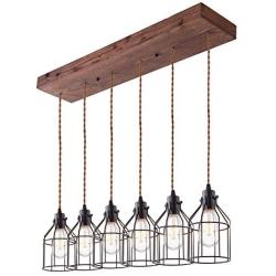 Wellmet Wood Chandelier Flush Mount 6 Lights, Rustic Hanging Dining Room Multi Pendand Light with Metal Bulb Guard Lamp Cage, Farmhouse Ceiling Lighting Fixture for Kitchen Island, Living Room, Bar