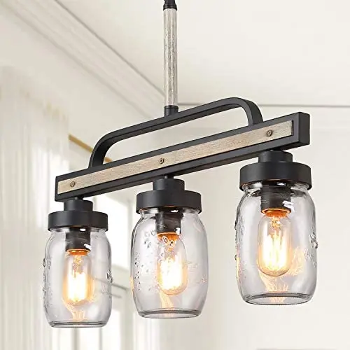 Mason Jar Lights, Farmhouse Chandelier in Rustic Faux Wood and Metal Finish, 22” Kitchen Light Fixtures for Dining Room, Living Room, Foyer