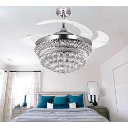 Crystal Chandelier Fandelier Chrome Ceiling Fan 42 Inch with Retractable invisible Blades and 3 Changing LED Light Color Ceiling Fan Light for Indoor, Living Room, Dining Room, Bedroom