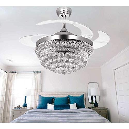 Crystal Chandelier Fandelier Chrome Ceiling Fan 42 Inch with Retractable invisible Blades and 3 Changing LED Light Color Ceiling Fan Light for Indoor, Living Room, Dining Room, Bedroom
