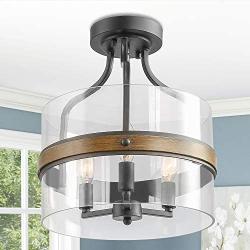 KSANA Semi Flush Mount Ceiling Light Fixture, Modern Faux Wood Ceiling Light with Glass Shade for Hallway, Bedroom, Kitchen, Bathroom, Entryway, Foyer, Stairway, Dining Room, Living Room