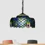 LITFAD 1-Bulb Dining Room Hanging Lamp Kit Tiffany Blue and Green Peacock Tail Pattern Pendant Light with Drum Cut Glass Shade LED Ceiling Hanging Light for Bedroom Hotel Hallway Restaurant