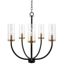 Kira Home Berlyn 22'' 5-Light Modern Chandelier + Clear Cylinder Glass Shades, Chain-Hung with Adjustable Height, Warm Brass Accents + Black Finish