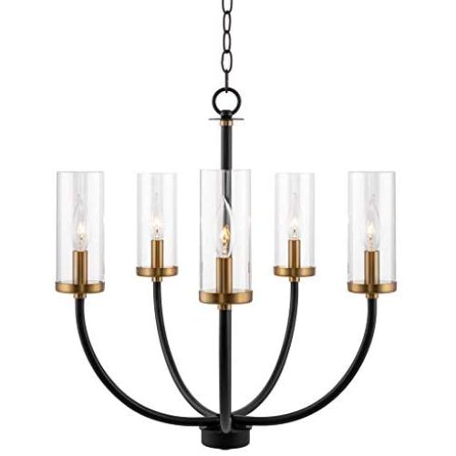 Kira Home Berlyn 22'' 5-Light Modern Chandelier + Clear Cylinder Glass Shades, Chain-Hung with Adjustable Height, Warm Brass Accents + Black Finish