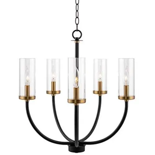 Kira Home Berlyn 22'' 5-Light Modern Chandelier + Clear Cylinder Glass Shades, Chain-Hung with Adjustable Height, Warm Brass Accents + Black Finish