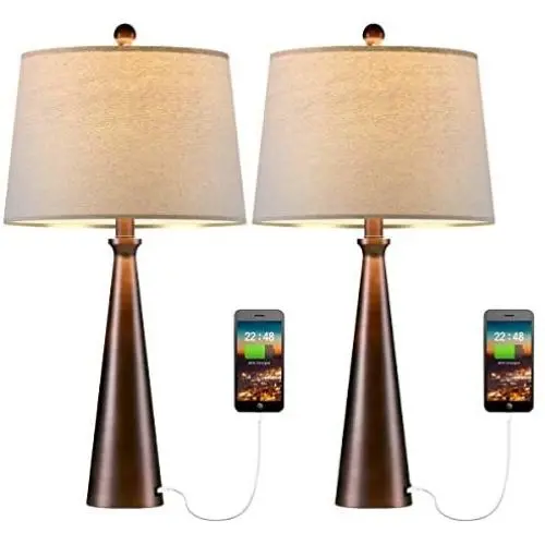 Oneach Modern Table Lamp Set of 2 with USB Charging Port 25.8 '' Bedside Accent Lamps for Living Room Nightstand Lamp Bedroom with Fabric Lampshade Oil Rubbed Bronze