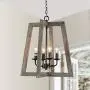 Wood and Metal Chandelier Square 4-Light Adjustable Height Ceiling Pendant Light Dining Room Lighting Fixtures Hanging，Living Room Light ,Kitchen Chandelier UL Listed