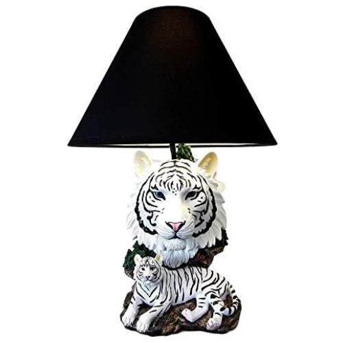 Ebros White Rare Alaskan Tiger Desktop Table Lamp Statue with Black Fabric Shade Siberian Albino Tiger Home Decor Lighting Accessory As Jungle Forest Large Cats (White Siberian Tiger)