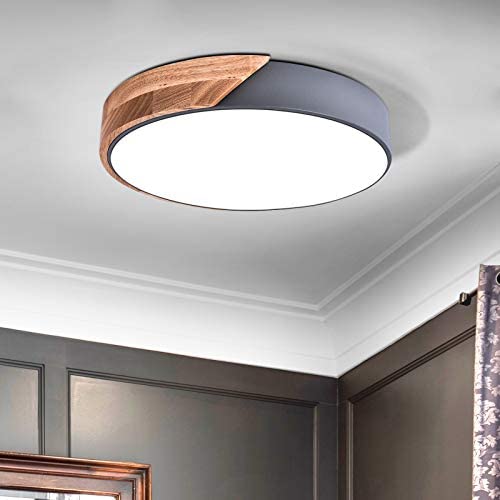 HUOKU Led Flush Mount Ceiling Light Fixture,18W Dimmable Round Wood Lighting Fixture for Kitchen, Bedroom, Living Room,Hallway and Stairwells,6500K Cool White(Grey)