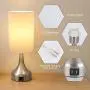 Yoxdalmk 3-Way Dimmable Touch Control Table Lamp Set of 2, Modern Bedside Desk Lamp with Dual USB Charging Ports, White Fabric Lampshade Nightstand Lamp for Bedroom, Living Room (LED Bulbs Included)