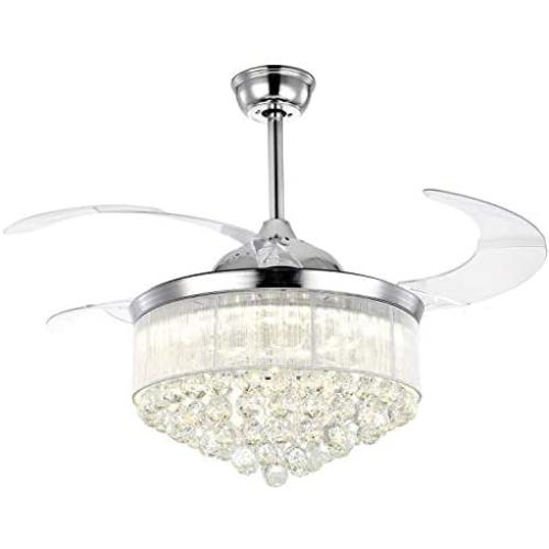 7PM Chrome Crystal Chandelier Fan Modern Retractable Blades Ceiling Fan with Light Remote Control Timing Fandelier Lighting Fixture for Living Room Bedroom 42 Inch