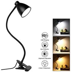 Clip Lamp for Desk - MEILEYII LED Reading Night Light with 3 Styles of Color and 10 Levels of Brightness,Adjustable Goose Neck,Eye Protection,USB Powered(Black)