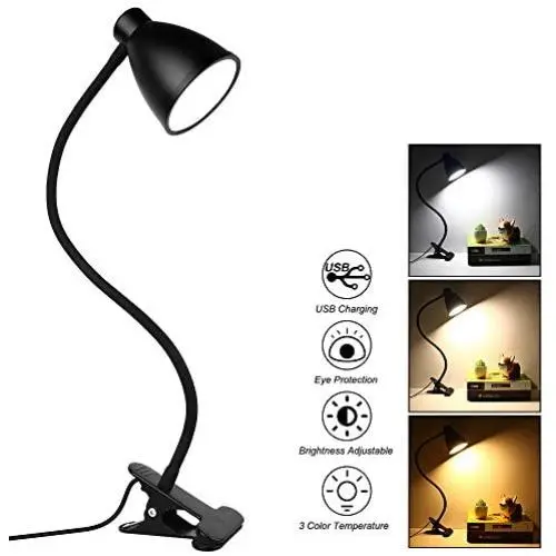 Clip Lamp for Desk - MEILEYII LED Reading Night Light with 3 Styles of Color and 10 Levels of Brightness,Adjustable Goose Neck,Eye Protection,USB Powered(Black)