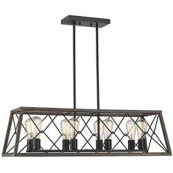 Zeyu 8-Light Kitchen Island Lighting, Farmhouse Linear Pendant Light in Wood and Black Finish, 011-8 WF/BK