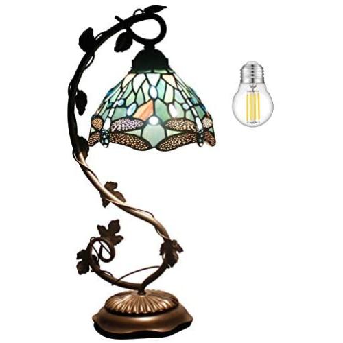 Tiffany Lamp (LED Bulb Included) W8H22 Inch Stained Glass Table Desk Reading Light Crystal Bead Sea Blue Dragonfly Style Shade S147 WERFACTORY Lamps for Living Room Bedroom Study Bookcase Coffee Bar