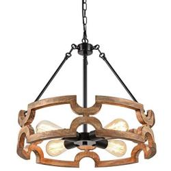 Bribyit Farmhouse Wood Drum Chandeliers for Dining Rooms Hand-Painted Antique Finish, Antique Wood and Metal Chandelier Ceiling Pendant Light 4 Candle Holder Lights