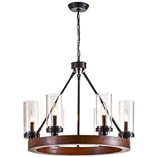 Maxax Farmhouse Chandelier Wood Round Wagon Wheel 6-Lights Kitchen Island Light with Glass Shades for Dining & Living Room, Bedroom, Kitchen and Foyer, Black Finish