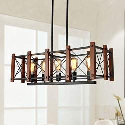 PUZHI HOME Farmhouse Linear Chandelier, 5 Lights Wooden Kitchen Island Lighting Linear Pendant Light Fixture Antique Industrial Metal Dining Room Light