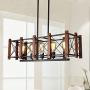 PUZHI HOME Farmhouse Linear Chandelier, 5 Lights Wooden Kitchen Island Lighting Linear Pendant Light Fixture Antique Industrial Metal Dining Room Light