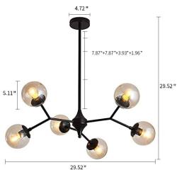 UOFUS 6-Light Chandelie Rustic Vintage Ceiling Light with Glass Globes Mid Century Pendant Lighting Black Foyer Chandelies Adjustable Height for Dining Living Room