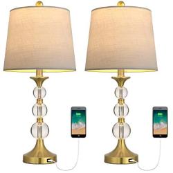 Oneach 24.2'' Crystal Table Lamps USB Charging Port for Living Room Set of 2 Modern Bedside Lamp with Clear Stacked Ball Night Light Lamp for Bedroom Accent Antique Brass