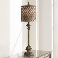 French Buffet Table Lamp Beige Scroll Metal Lattice Candlestick Framed Cylinder Shade for Dining Room - Regency Hill