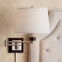 Modern Swing Arm Wall Lamp Brushed Nickel Espresso Wood Plug-in Light Fixture Off White Linen Drum Shade for Bedroom Bedside Living Room Reading - Possini Euro Design