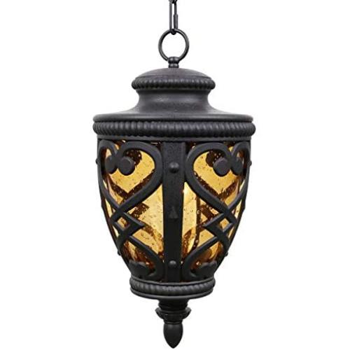 Goalplus Outdoor Pendant Light for Porch, Black Exterior Hanging Lantern Light Fixture with Amber Seeded Glass, Black Finish, 18'' High, IP44 Waterproof, LMSP0301-L